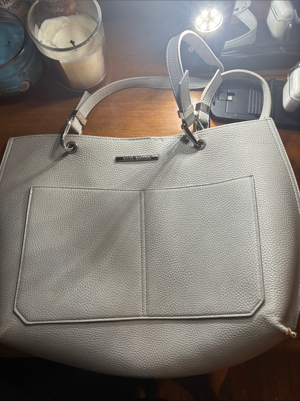 Steve Madden Pebbled Light Gray Tote with Front Pocket
